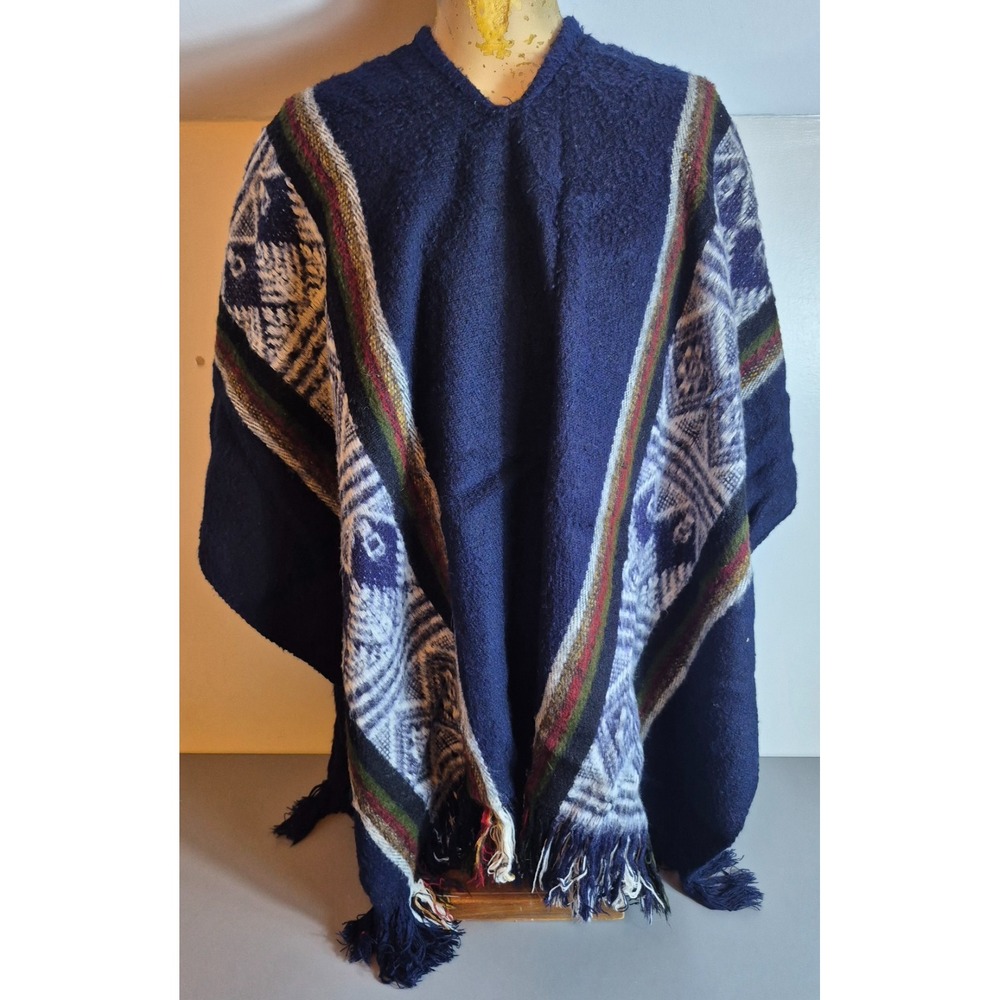 Southwestern Gaucho Poncho Wool Blend Gray Multicolored 64" x 45"